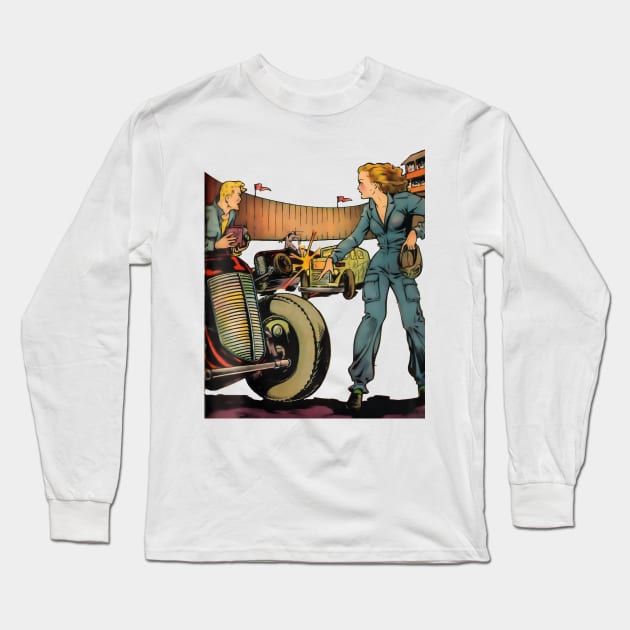 Beautiful Female Motorist Mechanic Vintage Wheels Blonde Girl Retro Comic Long Sleeve T-Shirt by REVISTANGO